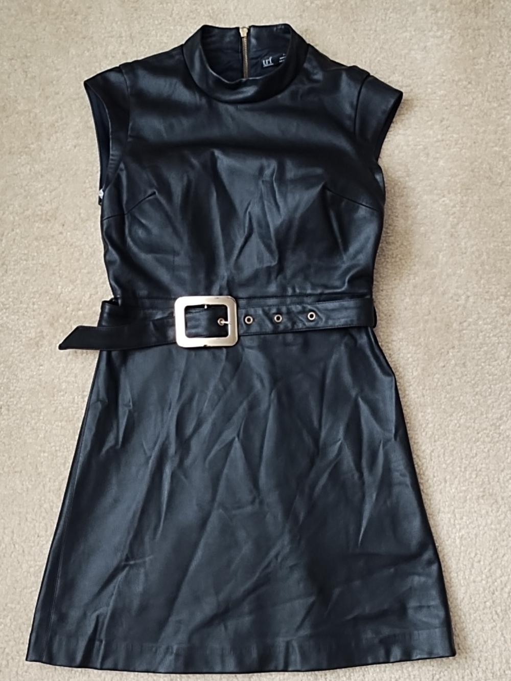Zara TRF Faux Leather Mini Dress Women's Size Small Belt Back Zipper Cap Sleeves